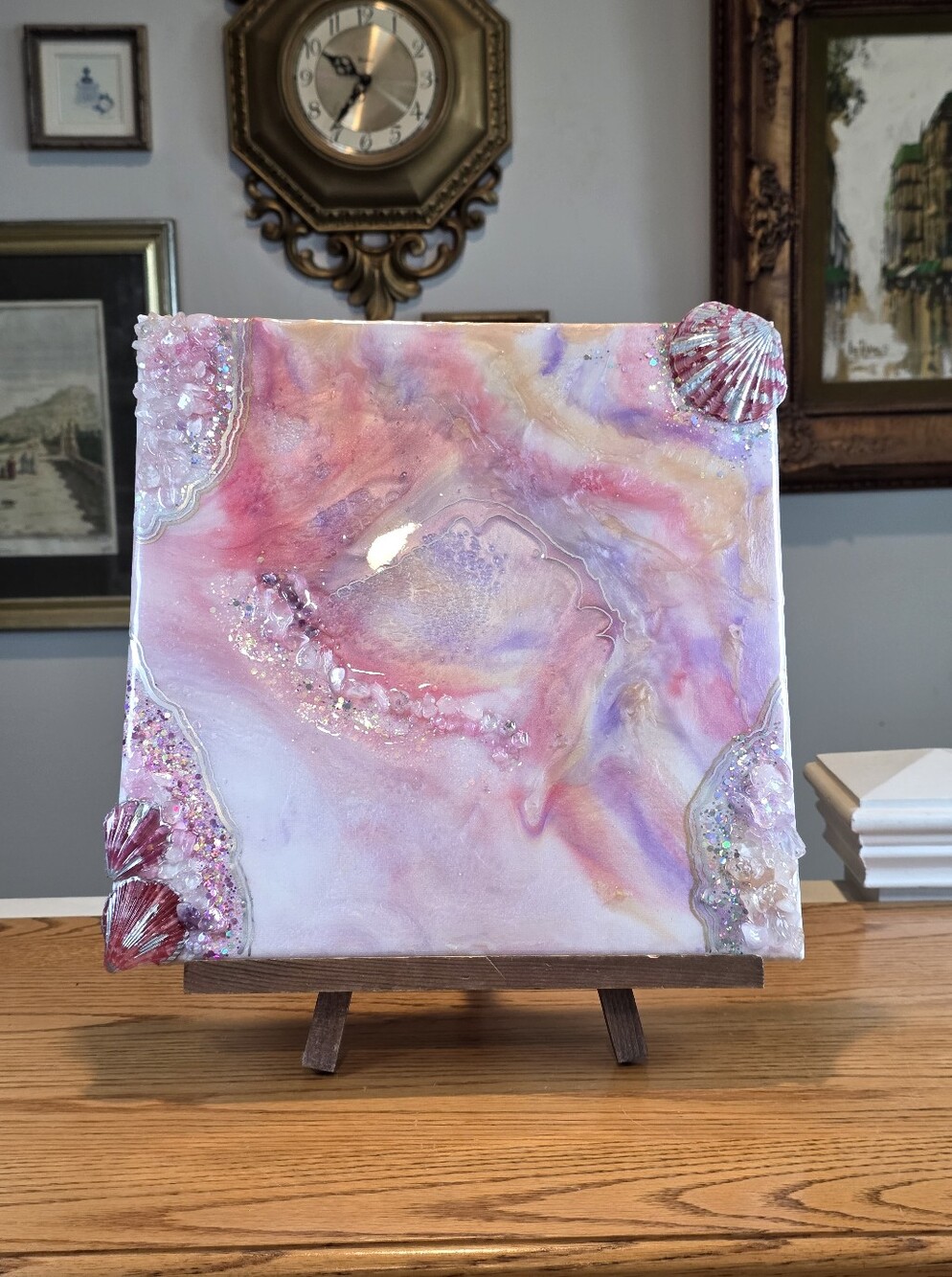 Handcrafted Pink Crystal Resin Geode Art - 12x12 Ocean Seashell Canvas Painting
